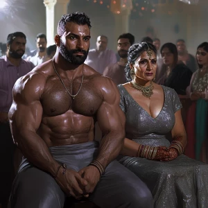 Create a realistic art image of a muscular, sweaty man seated be...