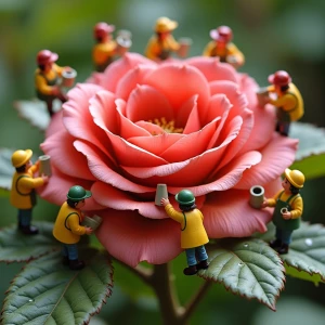 Miniature gardener characters in specific brightly colored garde...