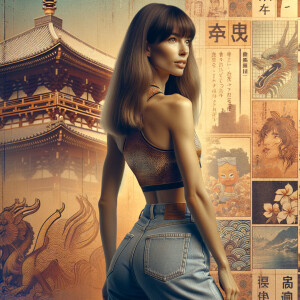 Athletic Thin skinny Attractive, Asian teenage girl, long brown hair and bangs, wearing tight skinny jeans and a halter top paint marks on her clothing, heroic pose Asian graffiti background, backside view