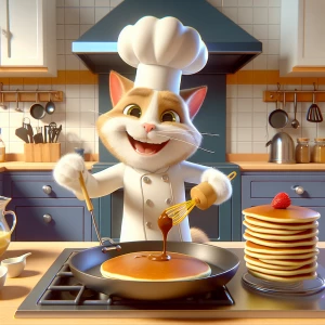 A hilarious chef cat making pancakes in the kitchen in the morni...
