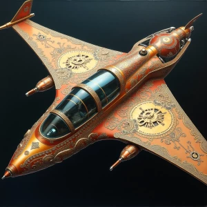 A Neo-Victorian exotic starfighter gleams in resplendent metalli...