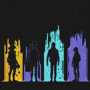 Create an animated image featuring three silhouetted figures wit...