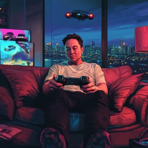 Elon Musk,playing video games on his couch, GTA style