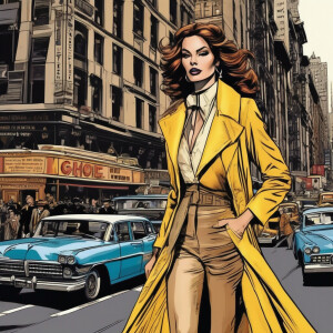 chic model gracefully walks down a bustling New York City street...