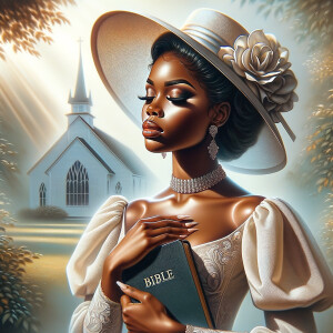 Render an airbrush oil painting of an African American woman with flawless makeup in a
contemplative pose, holding a Bible close to her heart, dressed in an elegant Sunday Best
outfit with a distinctive Church Hat. The background features a peaceful church garden,
with light filtering through the trees, highlighting her spiritual connection and the personal
moment of reflection. The artwork should capture the tranquility of the scene, the beauty
of her attire, and the depth of her contemplation, reflecting a serene and spiritually