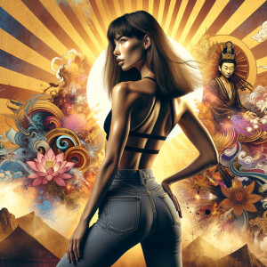 Athletic Thin skinny Attractive, Asian teenage girl, long brown hair and bangs, wearing tight skinny jeans and a halter top paint marks on her clothing, heroic pose Asian graffiti background, backside view