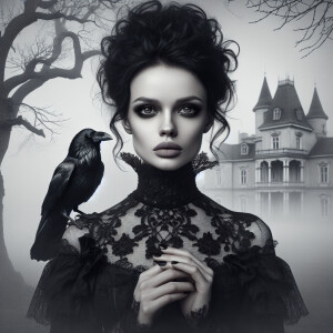 a Victorian woman with dark black tresses piled on her head, her...