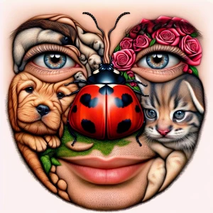 Create a surreal portrait featuring: a nose shaped like a ladybu...