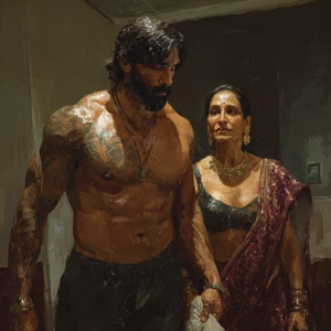 Realism,digital painting.a muscular, tattooed Indian man with a...