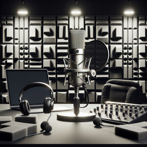 A meticulously arranged podcast recording studio showcasing a hi...