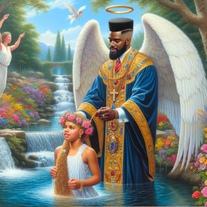 An oil painting depicting a light-skinned African-American pasto...