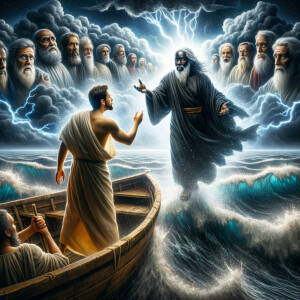 African-American Jesus telling Peter to come walk on the water,...