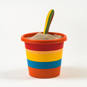 Show a bright colorful beach bucket with a shovel, filled with s...