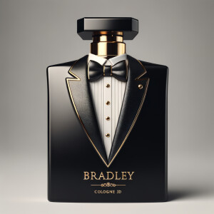 Create a realistic, 3-D cologne bottle That looks like a black Gucci tuxedo with a gold top and the name Bradley written in gold letters