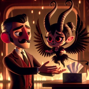 "A regular-sized man gently lifting a small female demon with el...