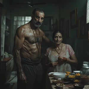 A muscular sweaty indian criminal man celebrating diwali festiva...