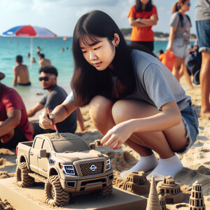 an american cute girl creating a nissan titan truck using sand o...