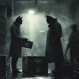 A shady cat in a trench coat exchanging a briefcase with another...