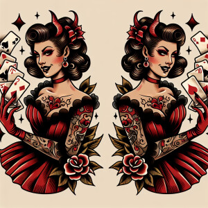 Devil woman pin-up with playing cards  in an old school tattoo s...