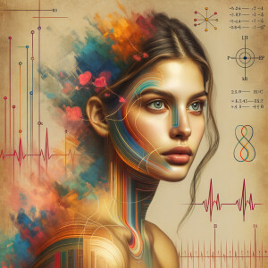 Abstract, minimalist, painting, with pencil line, paint stroke, gestures, colorful marks, mathematical equations, electrical cardiogram, printouts complex math formulas, dna asian teen girl