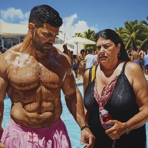 Create a hyper-realistic painting that depicts a muscular, sweat...