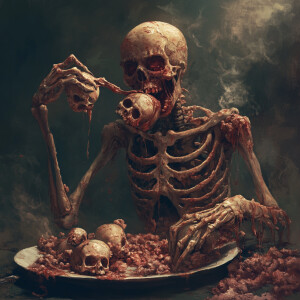 A skeleton zombie eating skulls and body parts