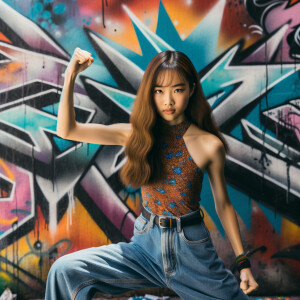 teenage girl, long brown hair and bangs, wearing tight skinny jeans and a halter top paint marks on her clothing, heroic pose Asian graffiti background, nearing on one knee