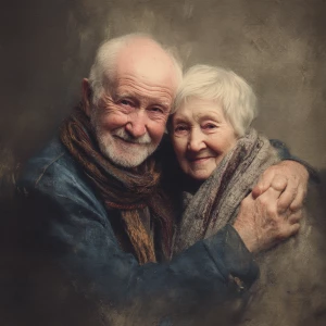 Generate an image of an elderly Caucasian couple, warmly embraci...