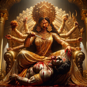 photograph of angry looking goddess durga sitting on a gold crown and carrying a weak mahishasur on her lap and poking him with her amazingly long red fingernails. She is wearing gold armor, a huge gold crown, gold saree, abundant  gold jewelry, covered in blood. The scene is set in ancient India. The image is 8K resolution, cinematic, photography, ultra detailed face and epic.