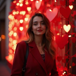 A photograph of a fashionable young woman in a valentine's day atmosphere