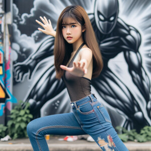 teenage girl, long brown hair and bangs, wearing tight skinny jeans and a halter top paint marks on her clothing, heroic pose Asian graffiti background, nearing on one knee