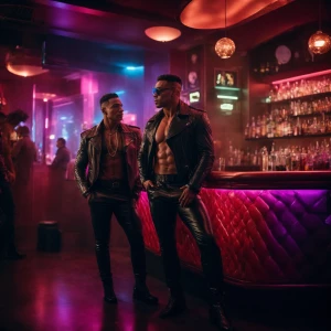 A vibrant gay bar interior bustling with muscular men wearing le...