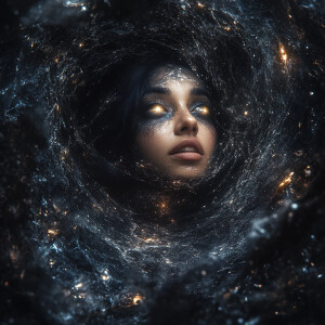 “Create an ultra-realistic digital art of a cosmic witch in a di...