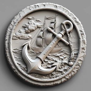 a bas relief of a fouled anchor in front of a seascape with a Na...
