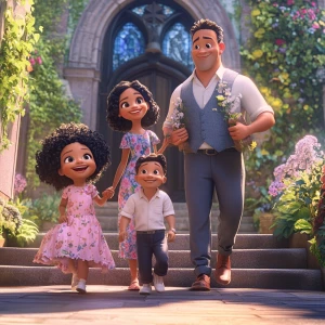 Create an animated Pixar image of a beautiful happy biracial family walking up the steps of a church