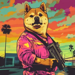 MEME DOGE in GTA art style, , in the style of a Grand Theft Aut...