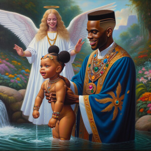An oil painting depicting a light-skinned African-American pasto...