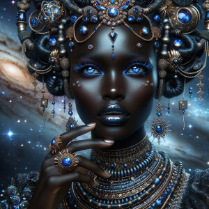 "Create a portrait of a regal African-American woman with an ethereal and cosmic theme. Her skin is a glossy ebony, with a smooth and flawless finish that reflects light. Her eyes are a striking electric blue, like sapphires, with a makeup that accentuates their shape and the intensity of their color. Her hair is styled into an intricate array of braids, coils, and twists that cascade down and frame her face, adorned with beads and jewels that catch the light. She wears an elaborate headdress made of swirling patterns and motifs that evoke the mysteries of the universe, studded with shimmering stones and intricate enamel work in hues of blue and gold. Her attire consists of a cascade of layered necklaces and a majestic, shoulder-grazing earring, each piece detailed with a mix of precious stones, metals, and intricate beadwork. The background is a tapestry of stars and nebulas, suggesting a connection to the cosmos. Her pose is serene, with a hand gracefully touching her chin, adorned with rings that complement her other jewelry, all coming together to suggest an aura of wisdom and grace."