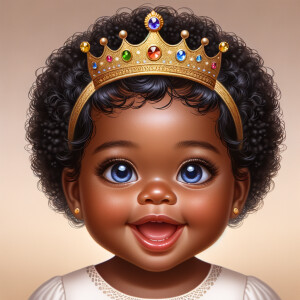 "Create a digital portrait of an adorable african-American baby girl with a joyful expression. She is wearing a gold crown with colorful jewels. Her big, bright blue eyes are wide with wonder, and her tiny mouth is shaped in a happy grin. Her skin has a warm, honey-brown tone, and she has an abundance of thick curly black hair, The background is soft and neutral to keep the focus on her delightful features. The portrait should be vibrant and heartwarming, celebrating the innocence and charm of childhood."