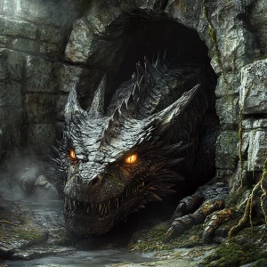 A detailed, intimidating dragon with glowing eyes and sharp scal...
