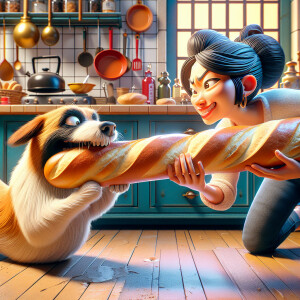 Dog and woman holding one baguette loaf of bread