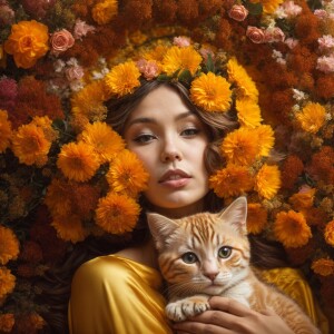 Create an image of a stunning woman adorned with flowers in her...