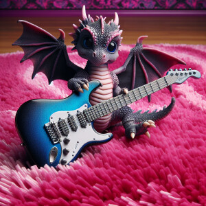 A baby dragon playing the electric guitar on a pink shag carpet.
