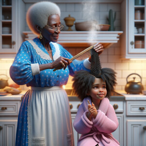 Create a realistic 3-D image of an african-American grandmother wearing a blue house dress and a white apron . She is in the kitchen with her african-American granddaughter. Her granddaughter is wearing a pink bath robe. The grandmother has a hot comb in her hand and she is straightening her granddaughters hair. One side of her granddaughters hair is in  a Afro the other straight 
There is smoke coming from the hot comb
The granddaughter is making a face