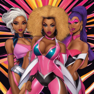 Paint a vibrant picture of the superhero trio consisting of Asha...