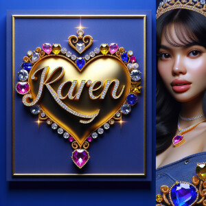 Craft a 3-D image showcasing the name 'KAREN' in a luxurious gol...