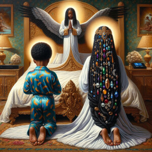 An oil painting of two African-American children with dark skin,...