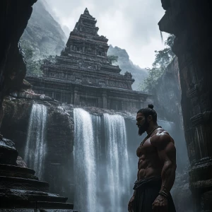 Envision a majestic temple at dawn, ensconced amidst cascading w...