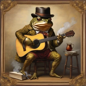 Anthropomorphic toad wearing a fedora, sitting on a stool, smoking a cigar, and strumming an acoustic guitar.