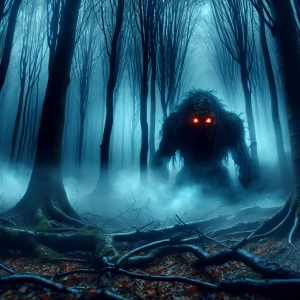 Create an image of a malevolent creature with luminous eyes stal...